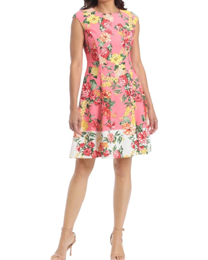 Front of a model wearing a size 12 Cap Sleeve Fit And Flare Dress In Coral Multi in Coral Multi by London Times. | dia_product_style_image_id:346923